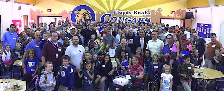 Lots of smiling faces at an All Pro Dad's Day at Floyds Knobs Elementary.